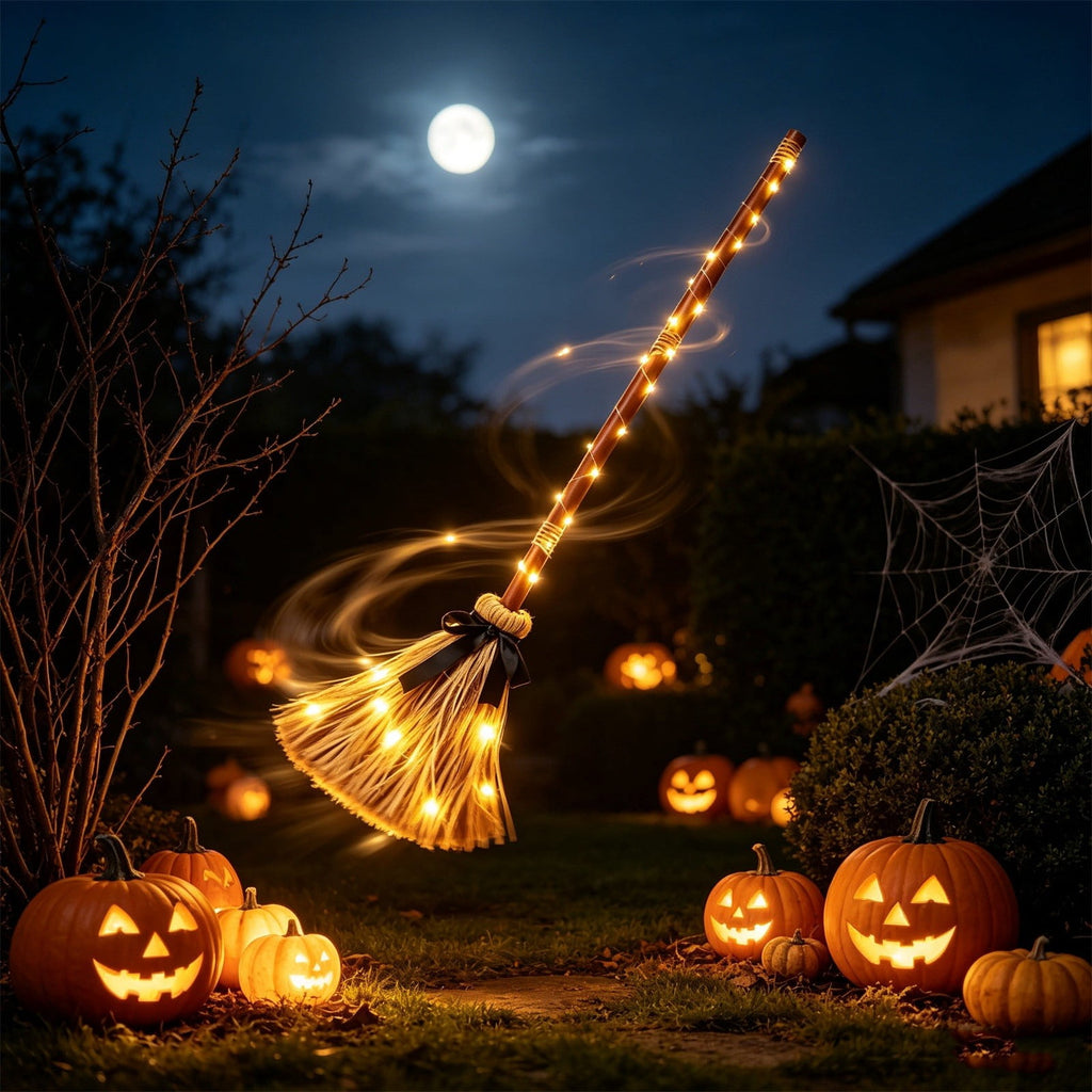 Clearance Gunhay Halloween Witches Broom Decor, 37.4" Animated Floating Broomstick for Spooky Sounds, Light-up Dancing Magic Witch Broom, Rustic Farmhouse Decoration for Indoor Outdoor