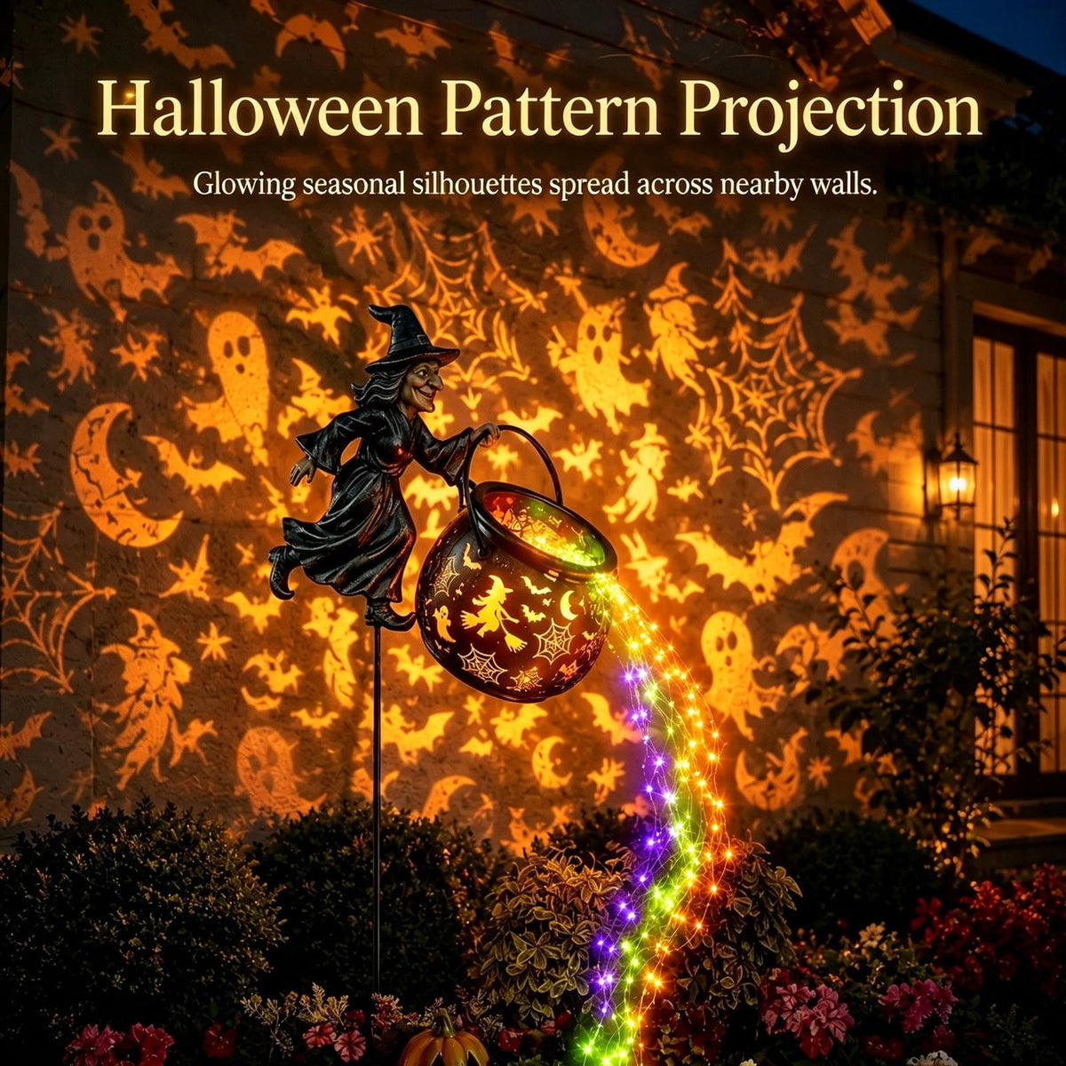 Solar Halloween Metal Moon Black Cat Garden Stake with LED Pumpkin Lantern, Light Up Star Bat Yard Decor Stake, Spooky Outdoor Lawn Pathway Halloween Decoration