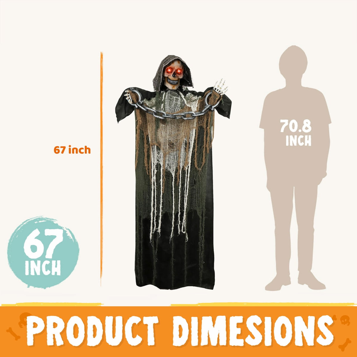 Joyfy 67"(5.6ft) Standing Ghost Large Halloween Decorations Outdoor, Sound-Actived Skeleton with Glowing Eyes & Creepy Sound, Scary Halloween Life Size Animatronics, Haunted House Props for Yard Lawn