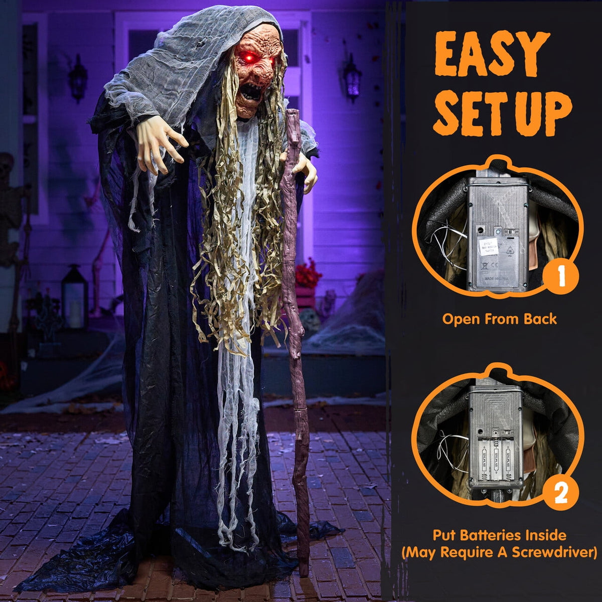 Joyfy 62"(5.17ft) Halloween Standing Hunchback Witch with Light, Animatronics Large Halloween Decorations Outdoor, Radar Motion Activated with Creepy Sound & Eyes and Moving Head for Yard Decor
