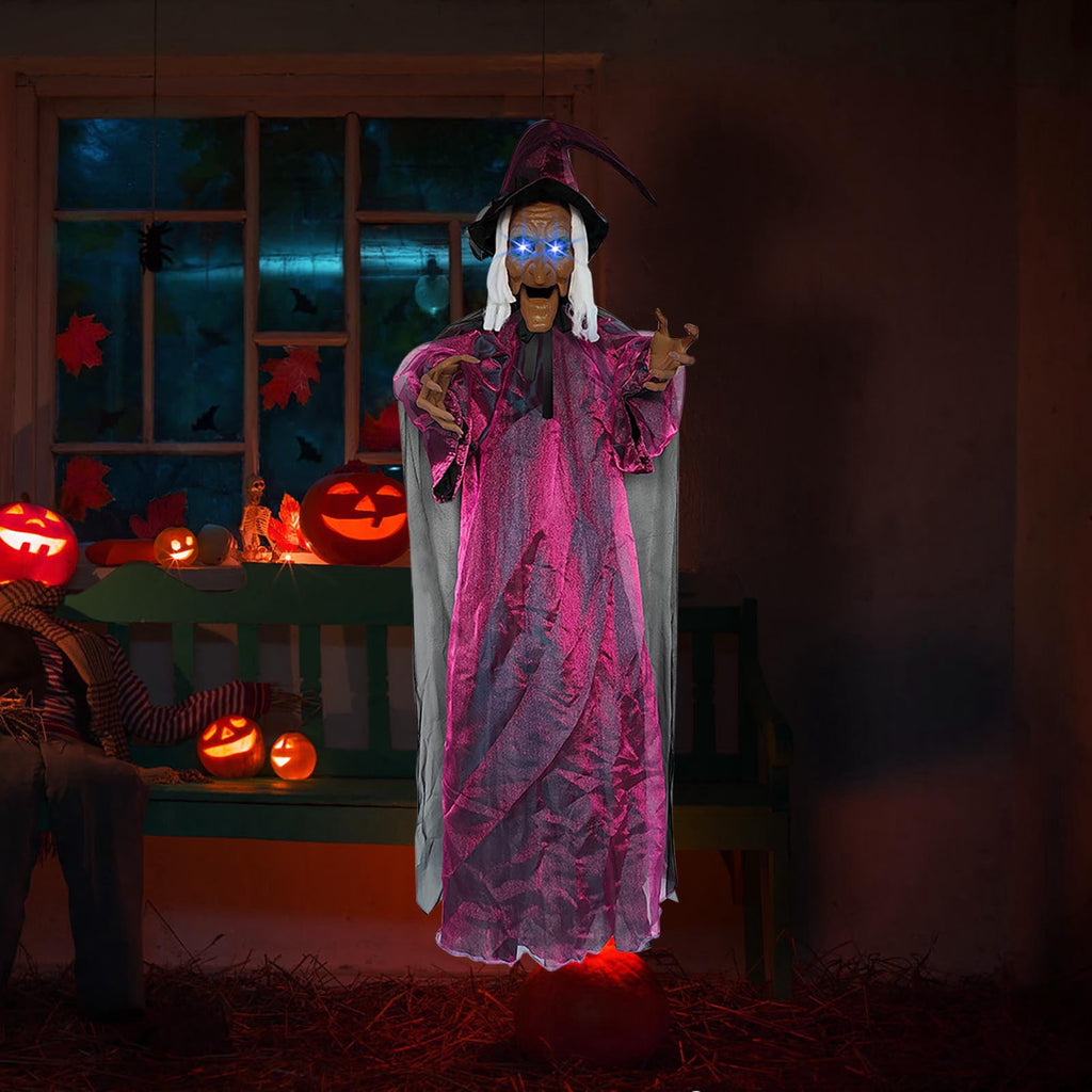 Halloween Animatronics Witch Clearance, Voice Activated Purple Escape Haunt Halloween House Décor & Fright Fest Prop, Life Size Animated Halloween Decoration Outdoor