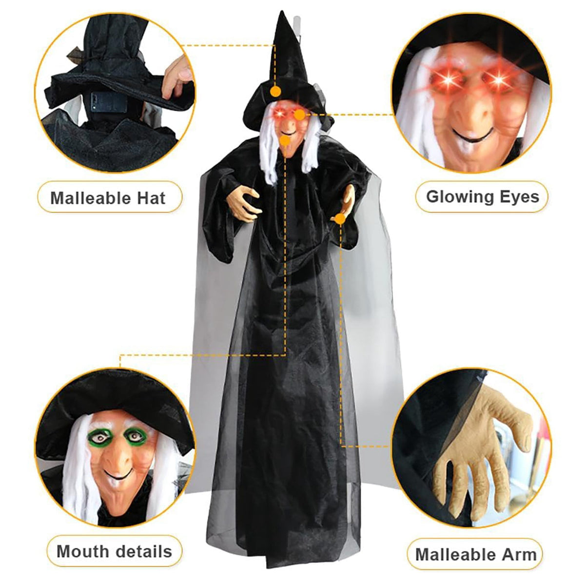BinKFF Life Size Hanging Talking Witch - Animated Halloween Witch with Sound Activation and Red Eyes for Outdoor & Indoor Decor - Flying Animatronic Witch for Halloween Decorations