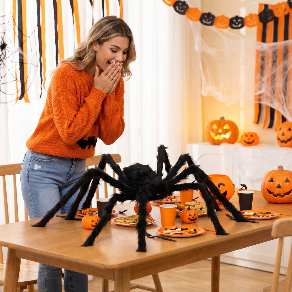 Qocolcyl 29.5in Voice Activated Giant Black Furry Spider Halloween Decor, Sound Controlled Crawling Plastic Spider Toy, Spooky Animated Prop for Indoor Outdoor Yard Bar Party Holiday Decor Gift