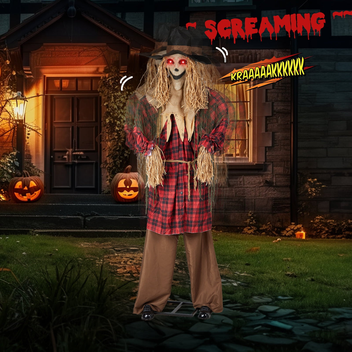 Ktaxon 8.2ft Scarecrow Animated Halloween Decoration Creepy Halloween Animatronics w/ Pre-Recorded Screaming