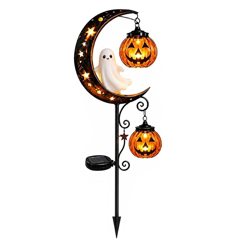 Solar Halloween Metal Moon Black Cat Garden Stake with LED Pumpkin Lantern, Light Up Star Bat Yard Decor Stake, Spooky Outdoor Lawn Pathway Halloween Decoration