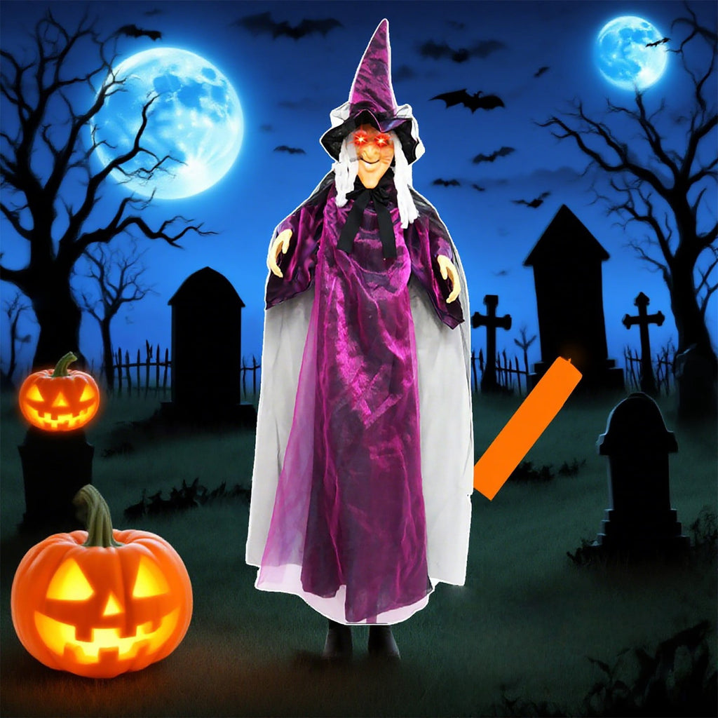 BinKFF Life Size Hanging Talking Witch - Animated Halloween Witch with Sound Activation and Red Eyes for Outdoor & Indoor Decor - Flying Animatronic Witch for Halloween Decorations