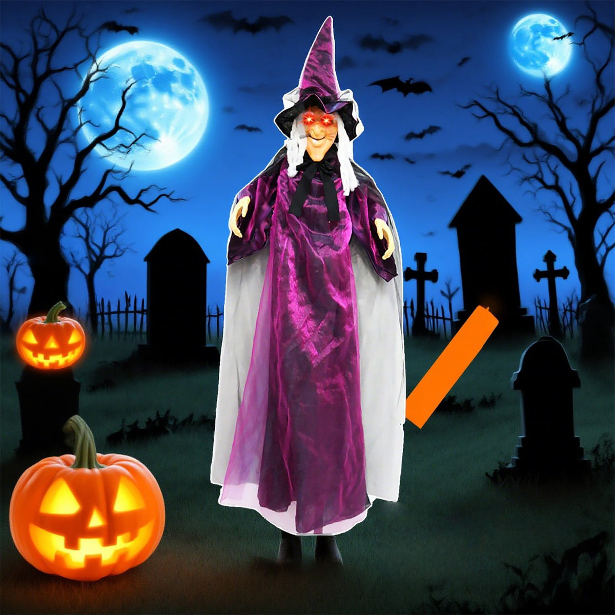 BinKFF Life Size Hanging Talking Witch - Animated Halloween Witch with Sound Activation and Red Eyes for Outdoor & Indoor Decor - Flying Animatronic Witch for Halloween Decorations