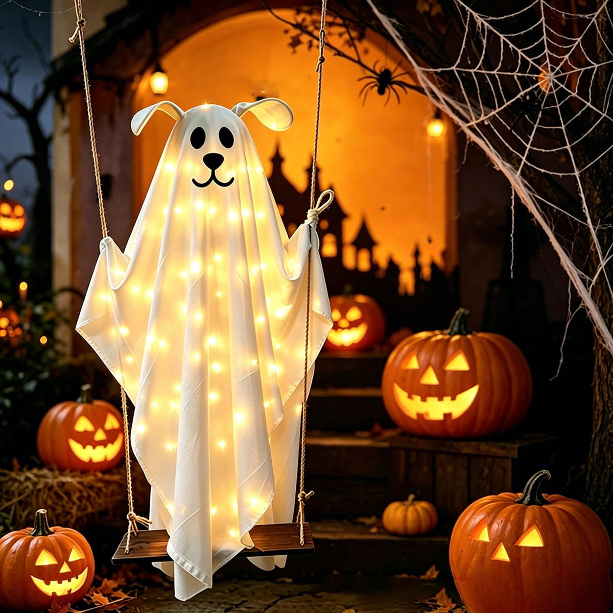 5FT Hanging Ghost Dog Halloween Prop,Swinging Ghost Dog,Animated Outdoor Decor with Motion-Activated Light & Sound for Yard Tree Porch Display