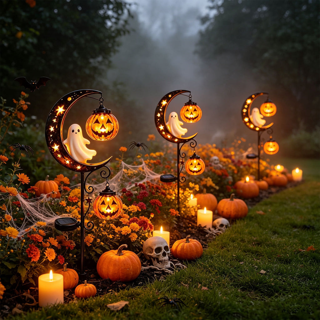 Solar Halloween Metal Moon Black Cat Garden Stake with LED Pumpkin Lantern, Light Up Star Bat Yard Decor Stake, Spooky Outdoor Lawn Pathway Halloween Decoration