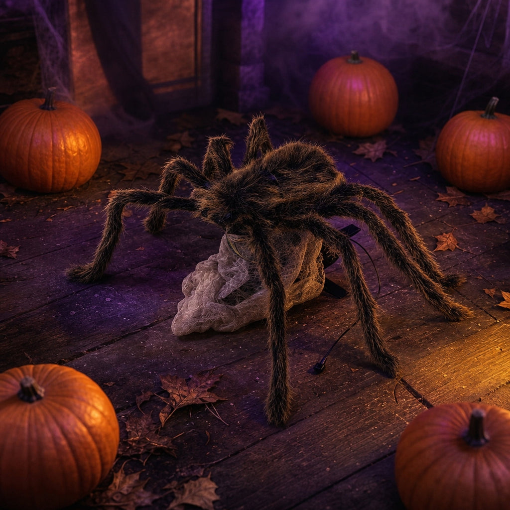 Animated Jumping Spider Prop, Fuzzy Halloween Decor With Light Sound, 35.4 in