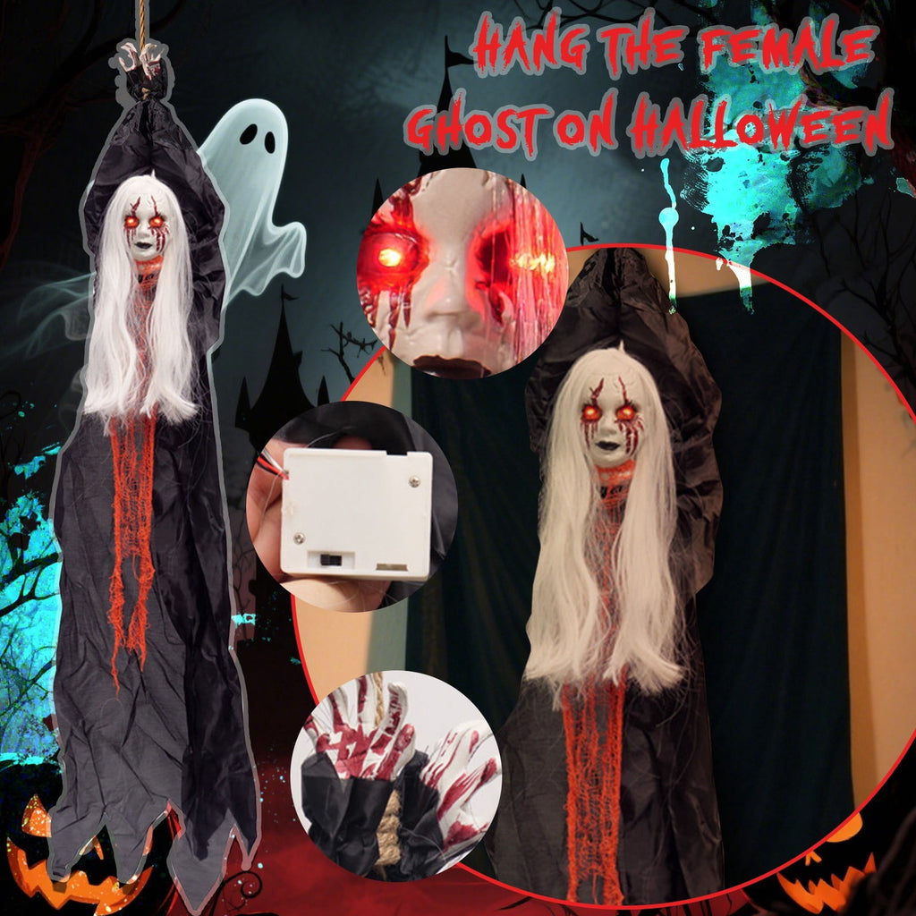 XHKUYI Animated Hanging Ghost 63 Inch, Glowing Red Eyes Ghost with Tattered Cloth Body Sensor Feature and Suspended Figure Shape, for Halloween Porch Yard Door Party Scene Decor