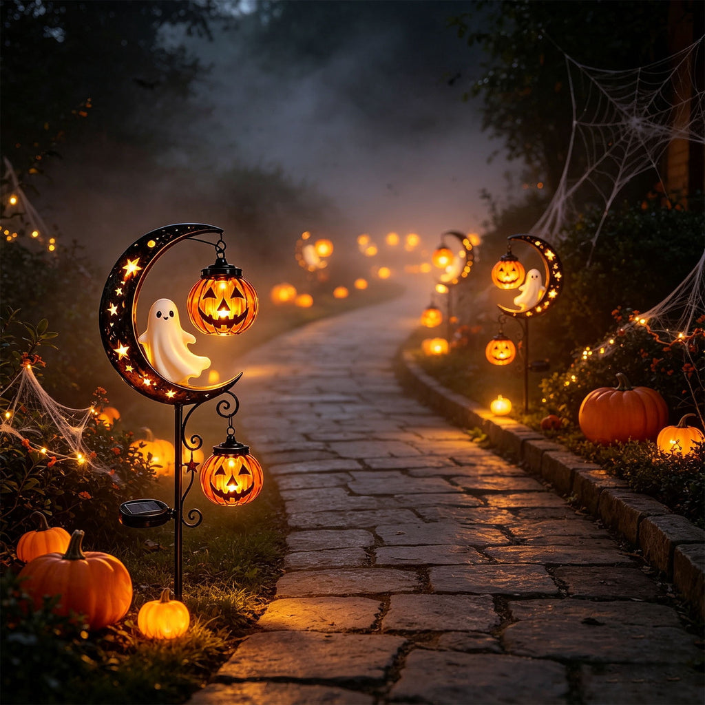 Solar Halloween Metal Moon Black Cat Garden Stake with LED Pumpkin Lantern, Light Up Star Bat Yard Decor Stake, Spooky Outdoor Lawn Pathway Halloween Decoration