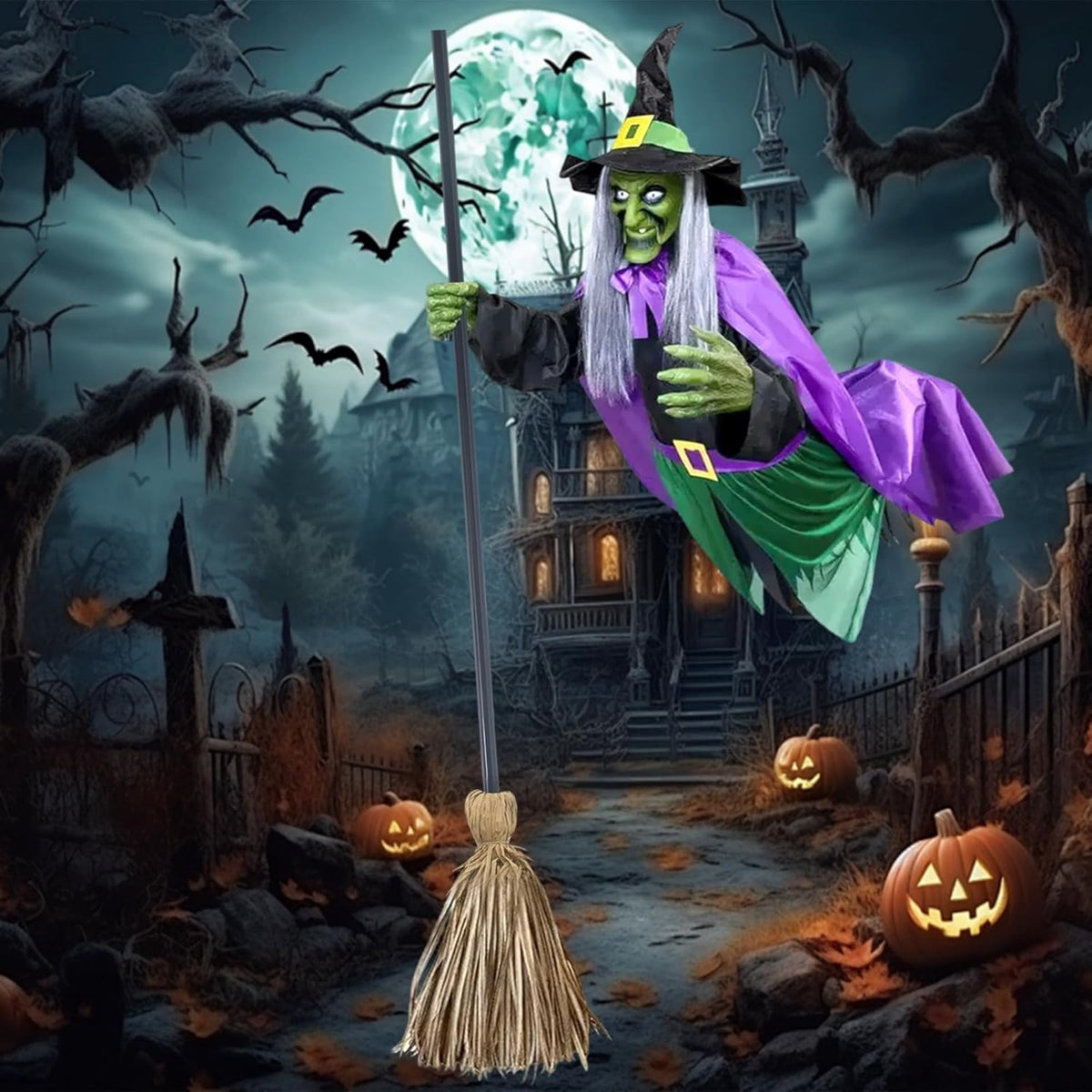 6 FT Motion Activated Flying Hover Witch with Eerie Sounds, Animated Outdoor Halloween Decoration for Yard and Garden