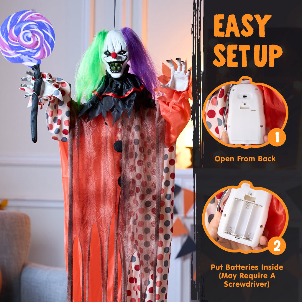 Joyfy 65" Halloween Hanging Scary Clown Decorations with Chain, with LED Lights Talking Animatronics Decor Outdoor Indoor for Haunted House Lawn Yard Patio