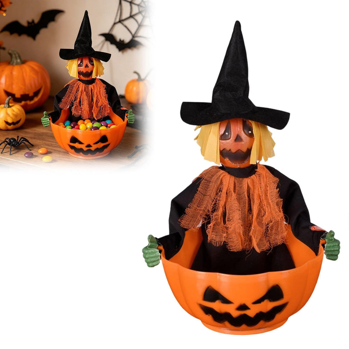 Halloween Candy Bowl, Animated Skeleton Candy Dish with Motion Activated Screaming Witch, Light Up Red Eyes Sound, Festive Serving Bowl for Party, Table, Home Decorative Display, 11"x10.6"