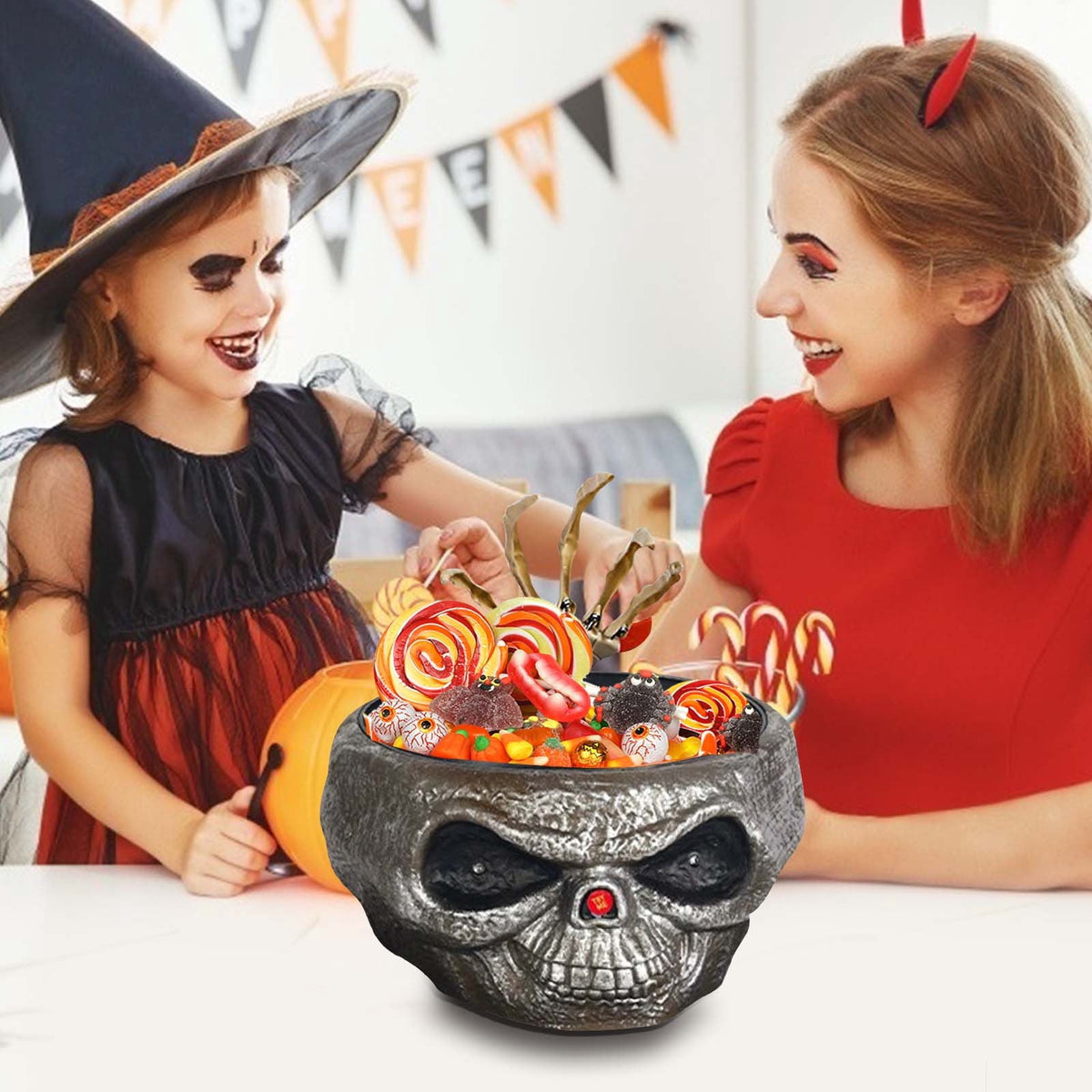 XIA0LE Halloween Candy Bowl Animated Pumpkin Candy Bowl With Moving Skeleton Hand Creepy Sound And Red Eyes For Halloween Decorations Indoors And Trick Or Treats (B)