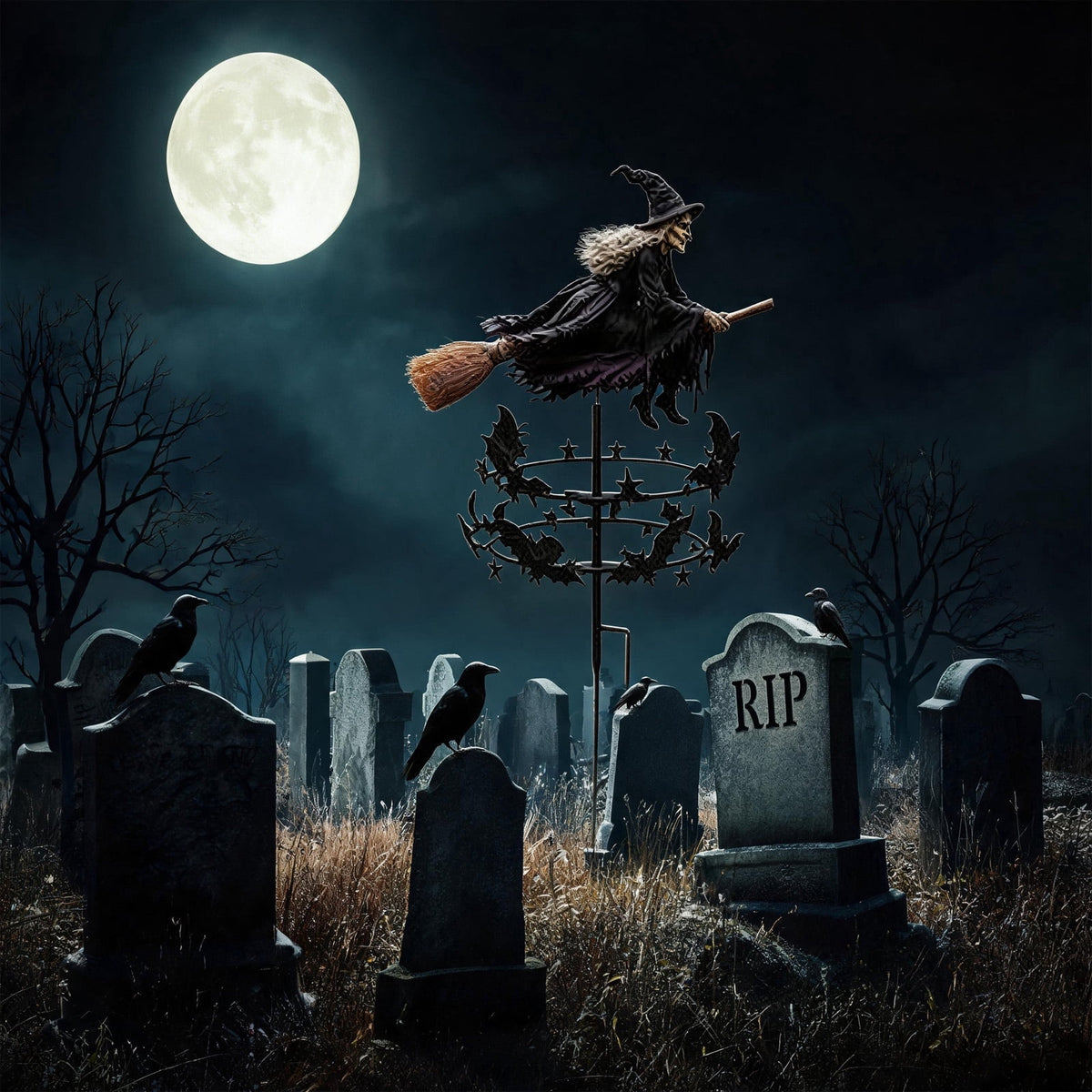 The Enchanted Witch Garden Wind Spinner, Halloween Garden Stake Decoration with Witch & Bat, for Garden, Patio, Pathway Decoration, 1pc