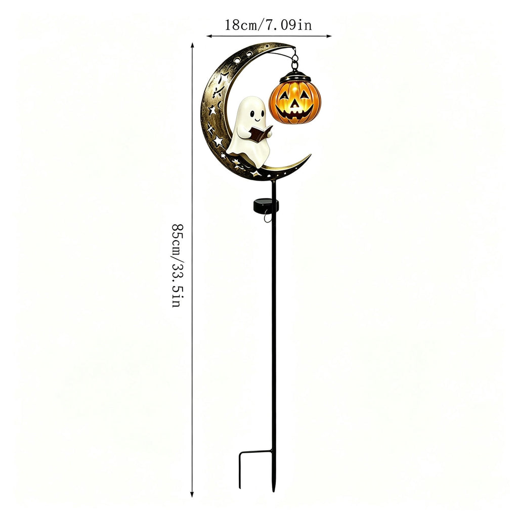 Solar Halloween Metal Moon Black Cat Garden Stake with LED Pumpkin Lantern, Light Up Star Bat Yard Decor Stake, Spooky Outdoor Lawn Pathway Halloween Decoration