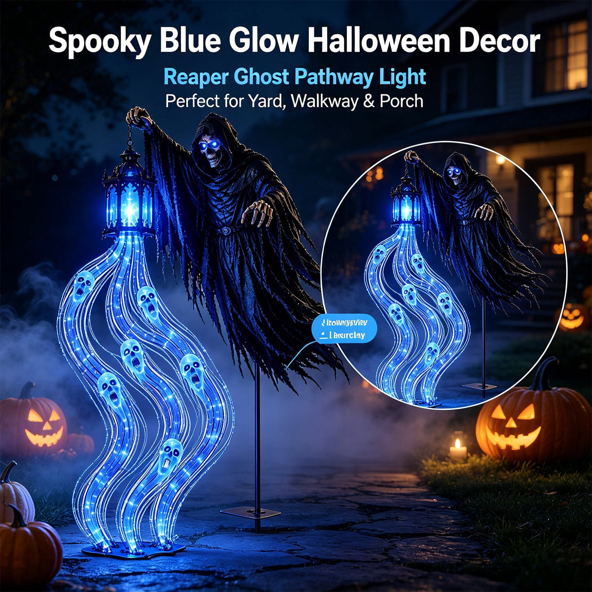 Sulaicai Halloween Soul Harvester Animated Garden Light, Spooky Reaper Ghost Yard Stake with Blue LED Lights, Outdoor Halloween Decor for Lawn, Pathway & Porch