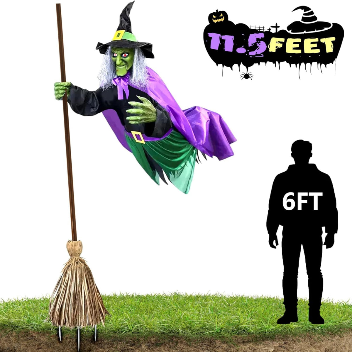 6 FT Motion Activated Flying Hover Witch with Eerie Sounds, Animated Outdoor Halloween Decoration for Yard and Garden