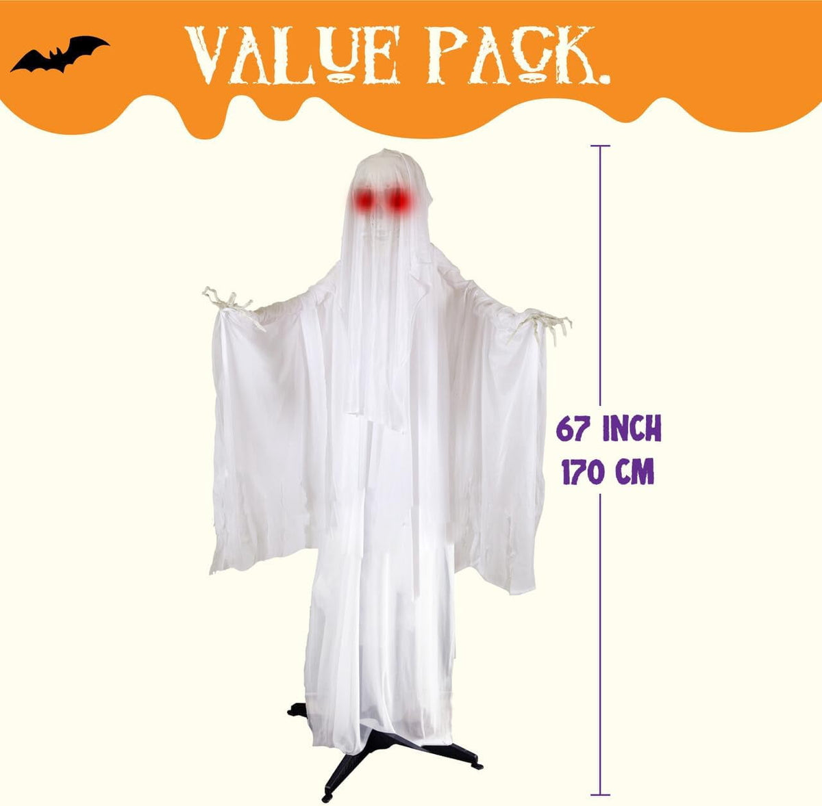Joyfy 67"(5.6ft) Standing Grim Reaper with Chain, Large Halloween Decorations Outdoor, Life Size Animatronics Skelton, Sound-Actived Party Decor with Creepy Sound & LED Eyes, Scary Haunted House Prop
