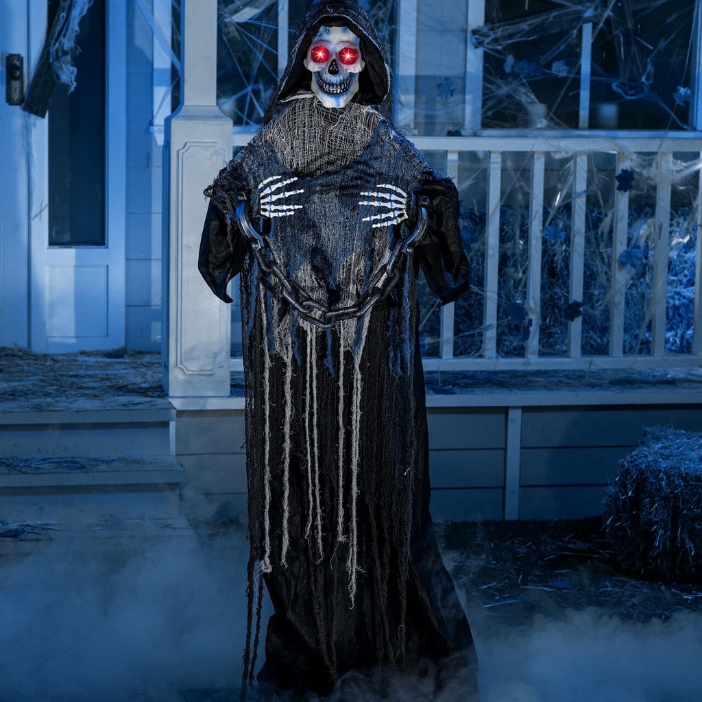Joyfy 67"(5.6ft) Standing Grim Reaper with Chain, Large Halloween Decorations Outdoor, Life Size Animatronics Skelton, Sound-Actived Party Decor with Creepy Sound & LED Eyes, Scary Haunted House Prop