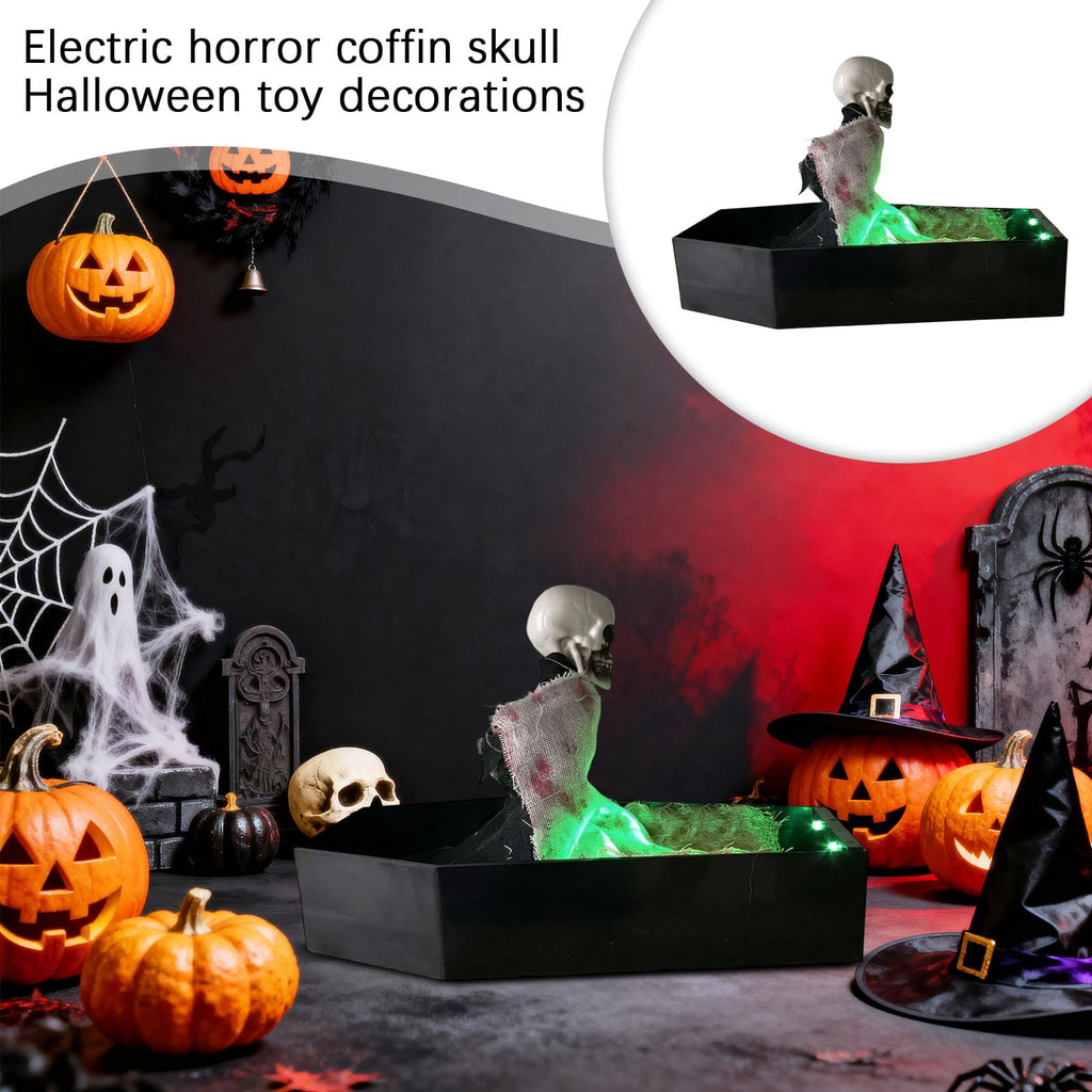 Animated Skeleton in Coffin Halloween Prop with LED Light Up Feature for Indoor and Outdoor Decorative Use