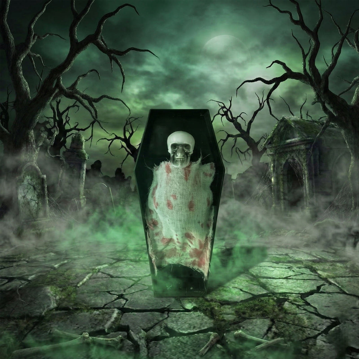 Animated Skeleton in Coffin Halloween Prop with LED Light Up Feature for Indoor and Outdoor Decorative Use