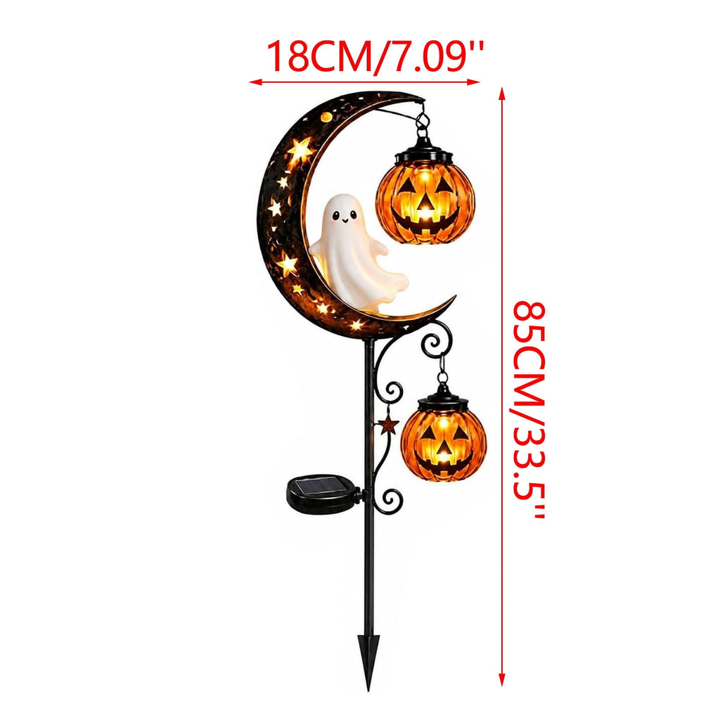 Solar Halloween Metal Moon Black Cat Garden Stake with LED Pumpkin Lantern, Light Up Star Bat Yard Decor Stake, Spooky Outdoor Lawn Pathway Halloween Decoration