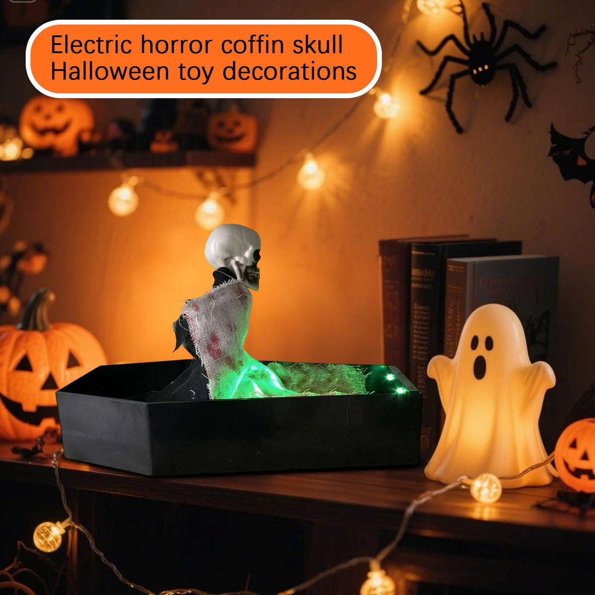 Animated Skeleton in Coffin Halloween Prop with LED Light Up Feature for Indoor and Outdoor Decorative Use