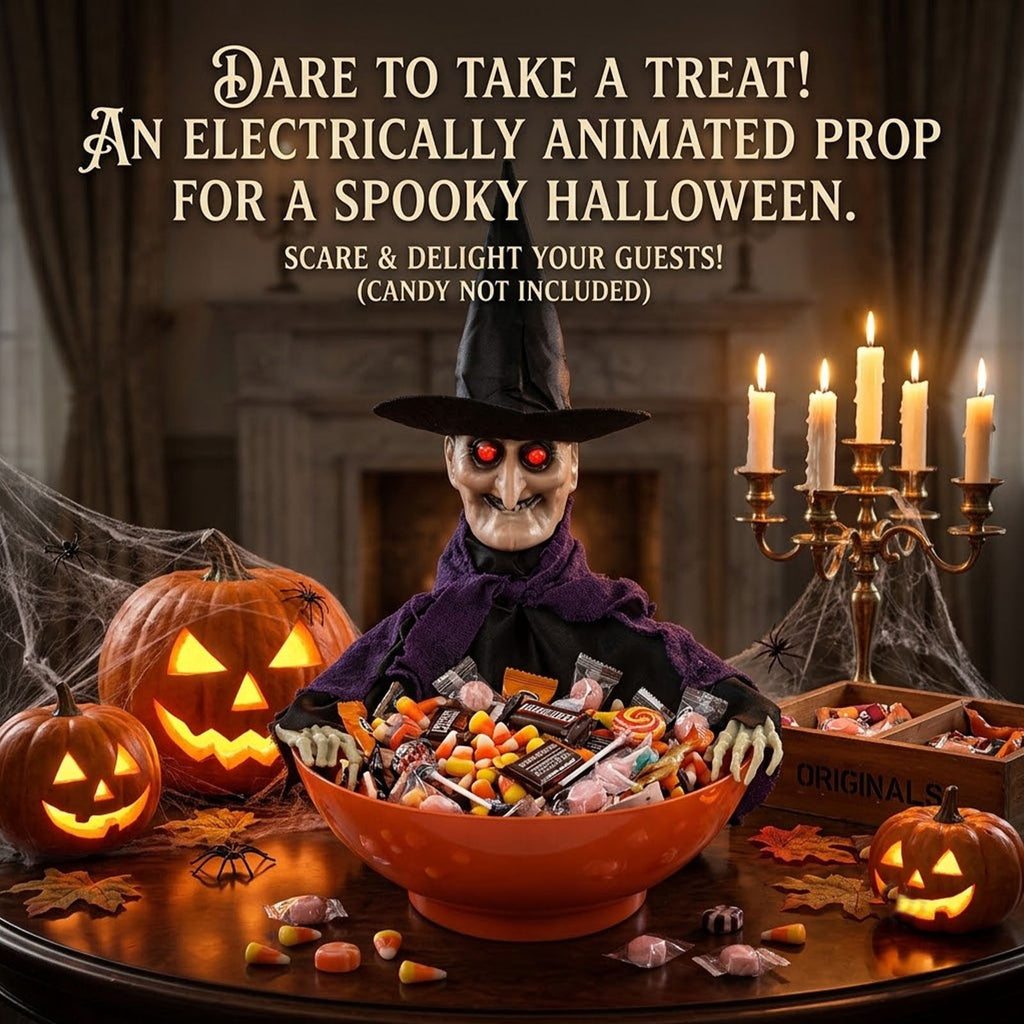 Halloween Animated Witch Candy Bowl Motion Sensor Activated Spooky Candy Holder with Glowing Red Eyes Scary Sounds for Halloween Home Decor