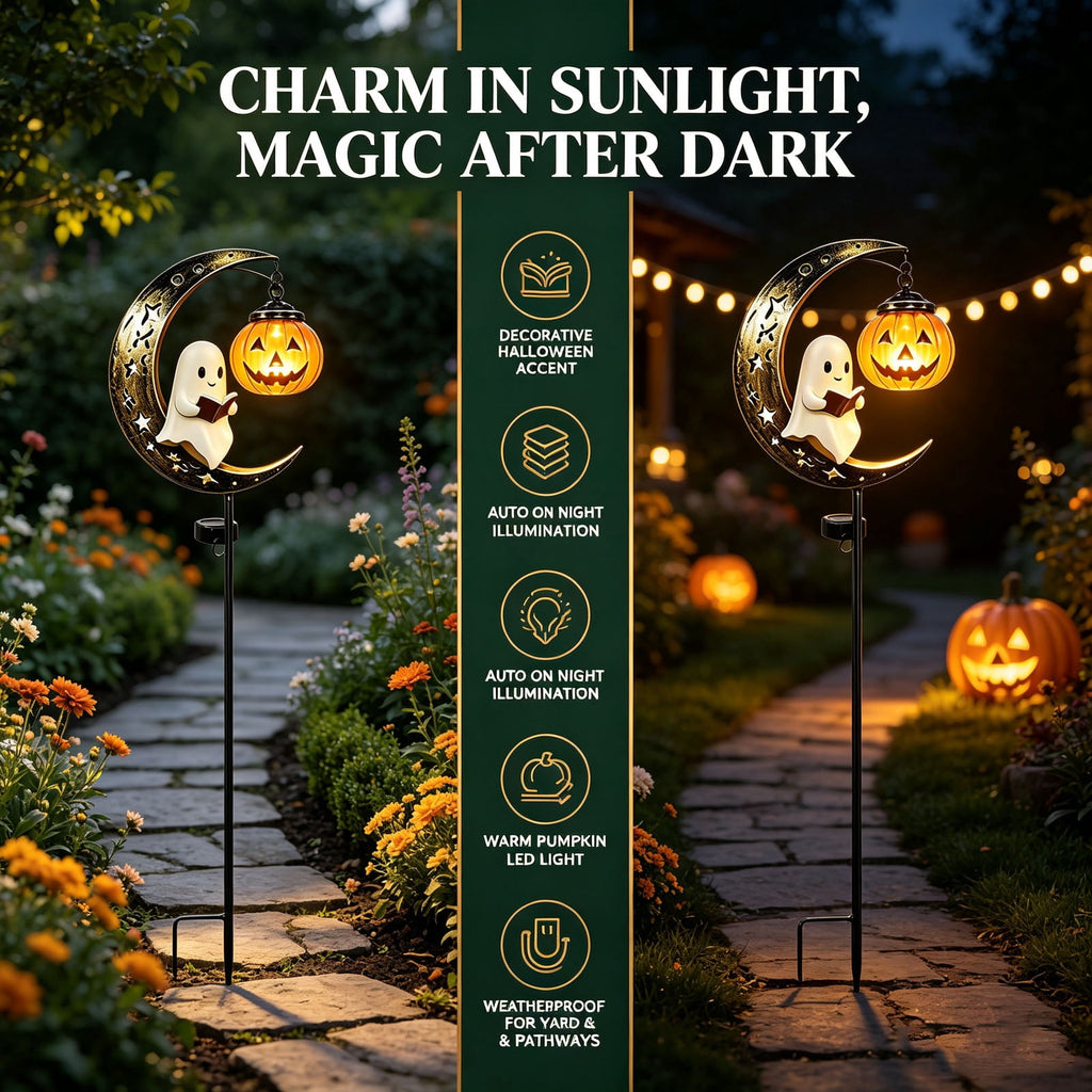 Solar Halloween Metal Moon Black Cat Garden Stake with LED Pumpkin Lantern, Light Up Star Bat Yard Decor Stake, Spooky Outdoor Lawn Pathway Halloween Decoration