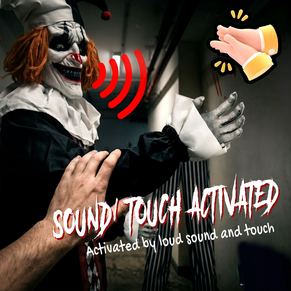 Halloween Animatronic Prop, 106.3 Inch Giant Animated Clown with Sound and Touch Activation, LED Eyes and Moving Arms for Indoor or Covered Outdoor Use