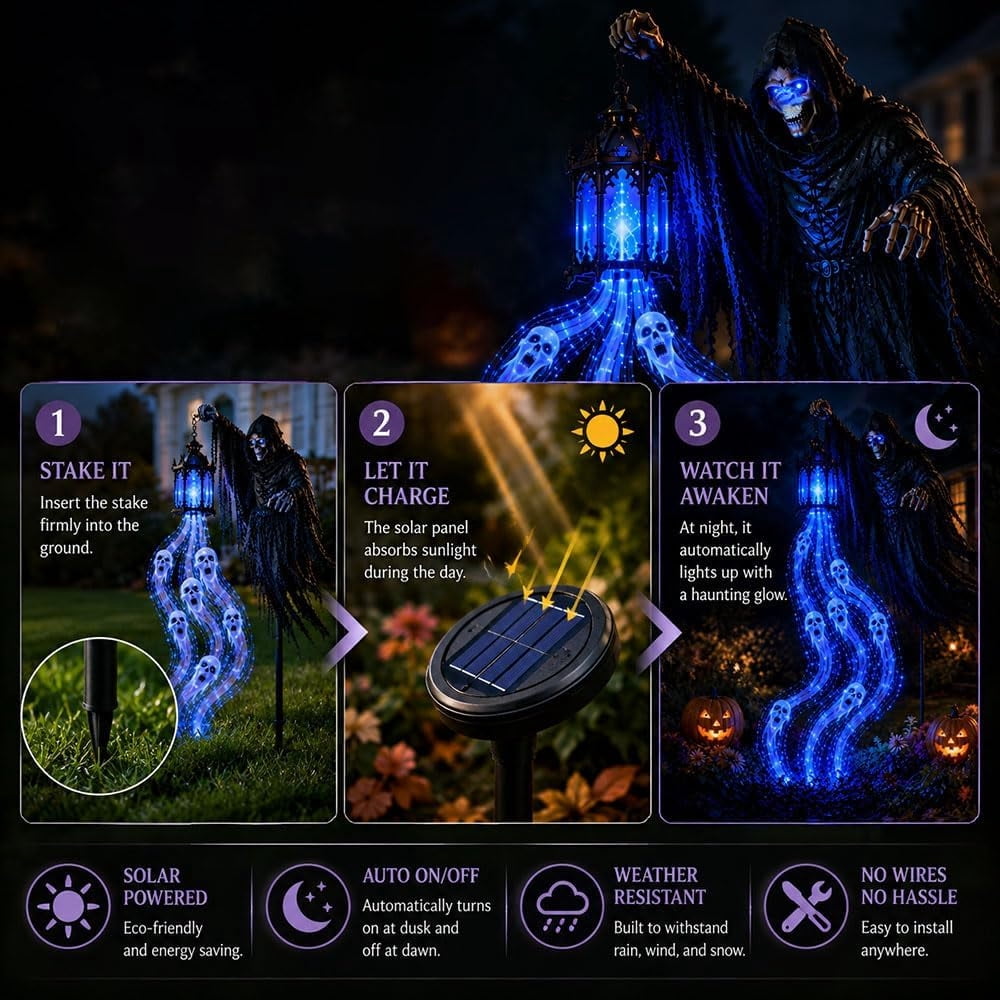 Halloween Grim Reaper Solar Garden Light, Animated Skeleton Yard Stake with Glowing Blue Ghost Streamer & Lantern, Halloween Outdoor Decorations for Front Yard & Walkway