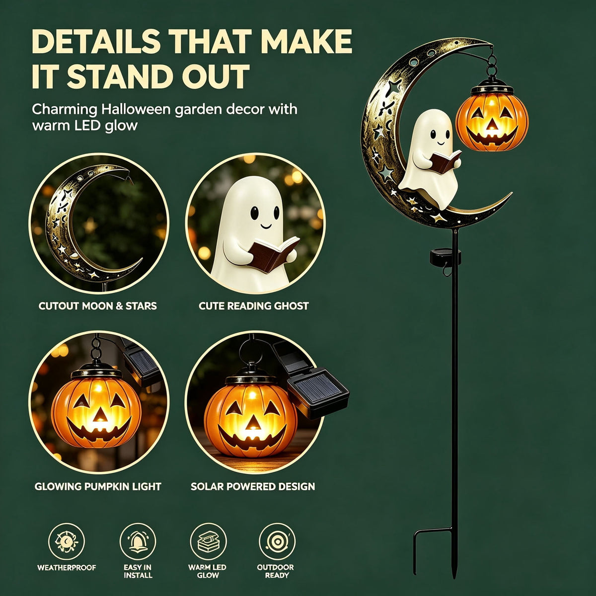 Solar Halloween Metal Moon Black Cat Garden Stake with LED Pumpkin Lantern, Light Up Star Bat Yard Decor Stake, Spooky Outdoor Lawn Pathway Halloween Decoration