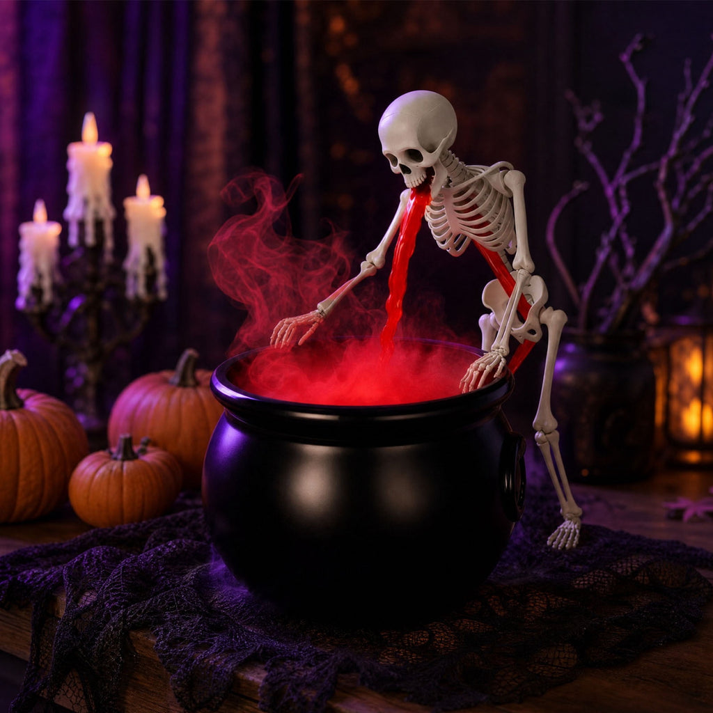 syligr Halloween Witch Cauldron Decor for Tabletop, LED Lit Skeleton Cauldron with Mist Water Effect, Spooky Prop for Fireplace Kitchen, Animated Fountain for Halloween Parties, 8x5.5in