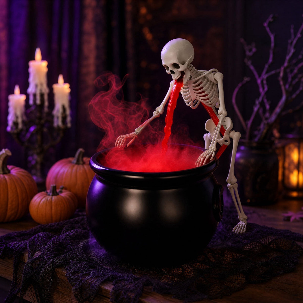 syligr Halloween Witch Cauldron Decor for Tabletop, LED Lit Skeleton Cauldron with Mist Water Effect, Spooky Prop for Fireplace Kitchen, Animated Fountain for Halloween Parties, 8x5.5in