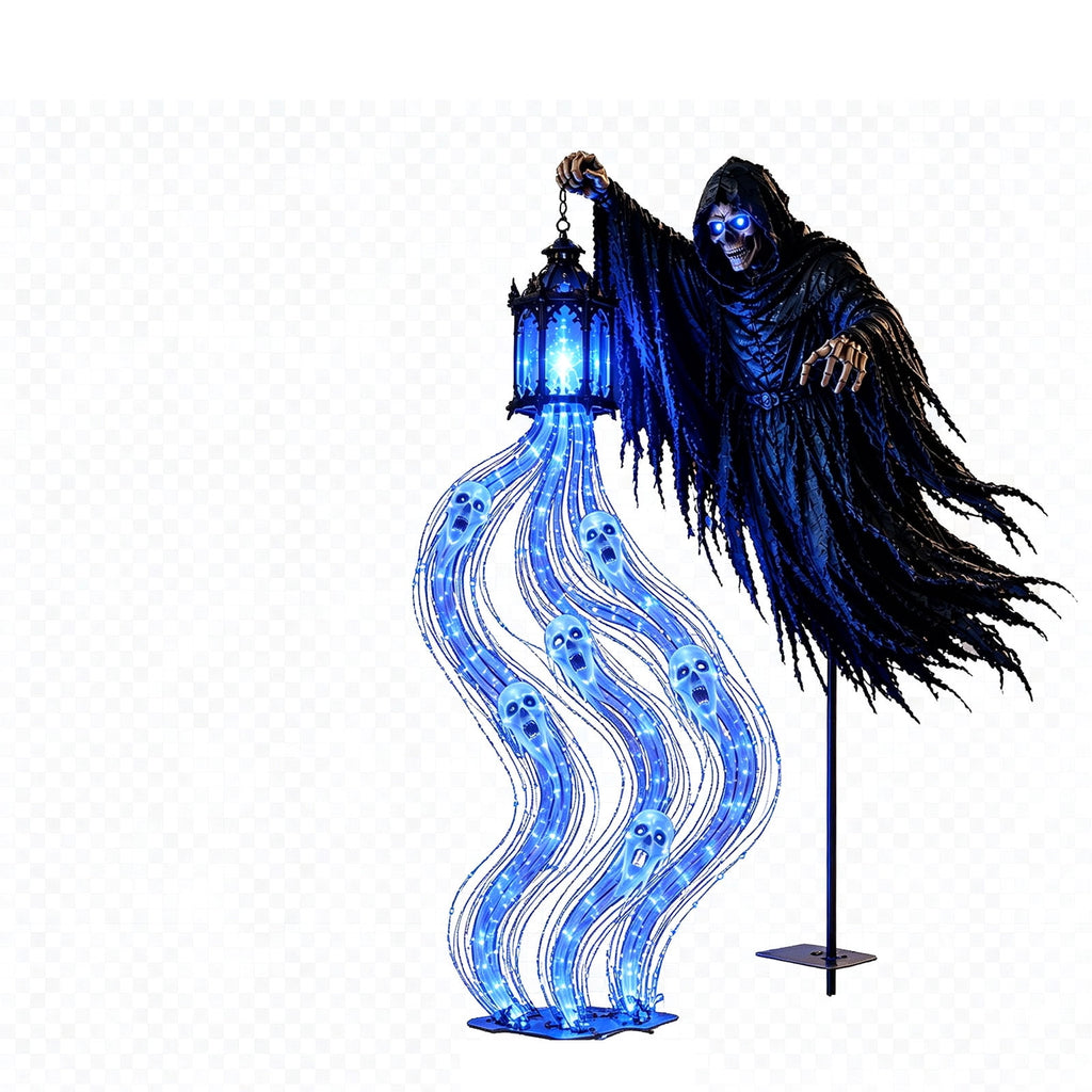 Sulaicai Halloween Soul Harvester Animated Garden Light, Spooky Reaper Ghost Yard Stake with Blue LED Lights, Outdoor Halloween Decor for Lawn, Pathway & Porch