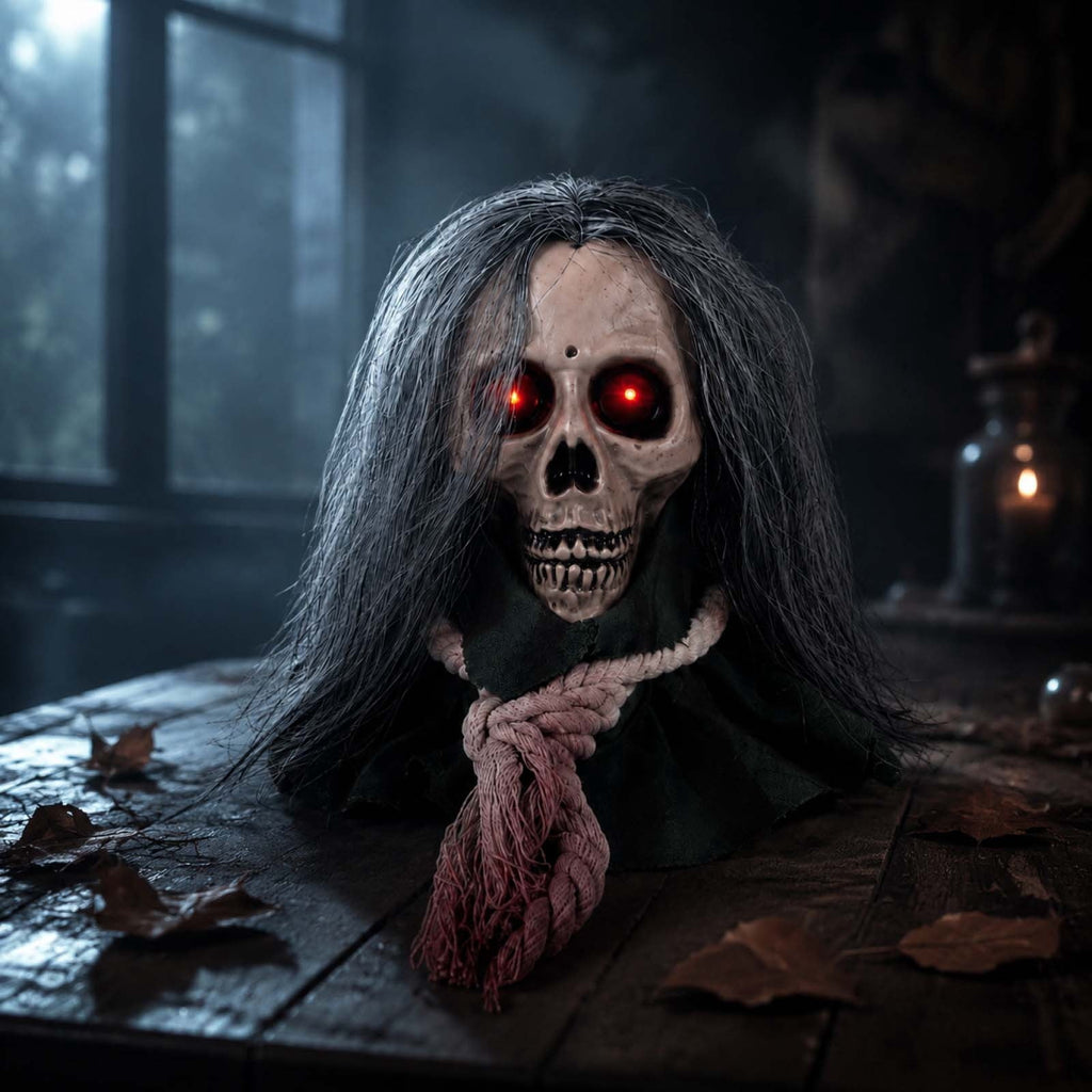 Moving Long Hair Hanging Skull Head Prop, Creepy Animated Halloween Skeleton Decor, Spooky Ornament for House, Party, Indoor Outdoor (Batteries Not Included)