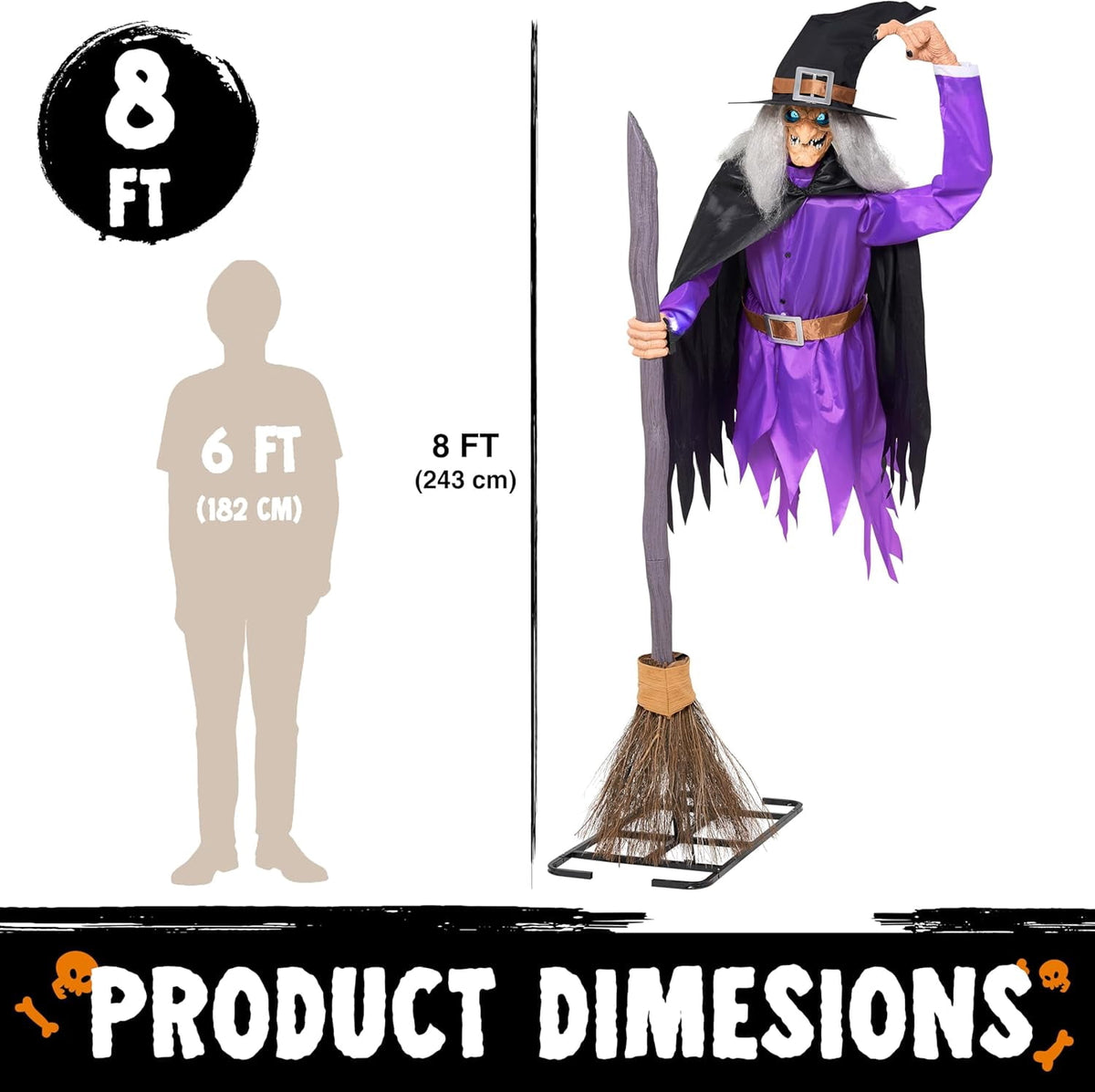 Joyfy 8ft Halloween Animated Flying Witch Decorations Outdoor Floating Witch on Broom Animatronics Hovering Witch Decor with Light Eyes and Spooky Voice, Scary Haunted House Prop for Outside