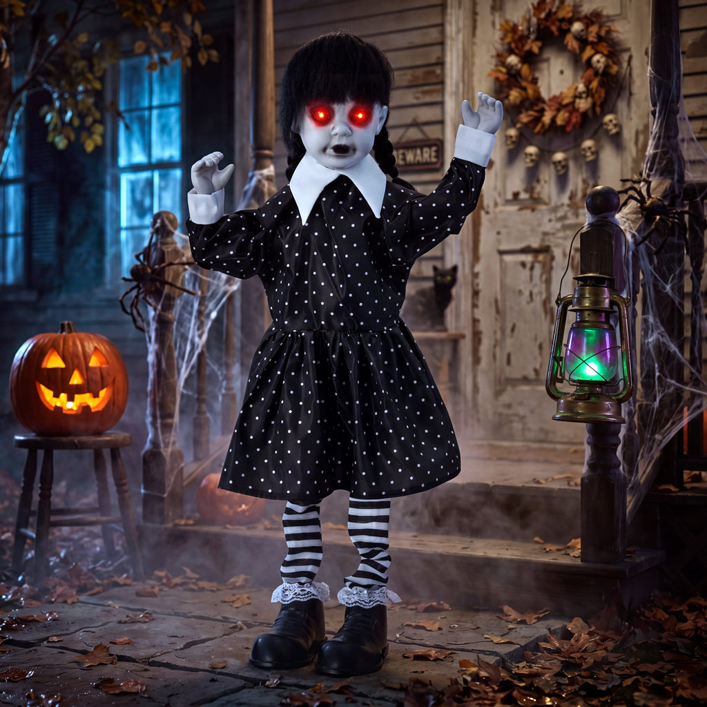 Joyfy 67"(5.6ft) Standing Grim Reaper with Chain, Large Halloween Decorations Outdoor, Life Size Animatronics Skelton, Sound-Actived Party Decor with Creepy Sound & LED Eyes, Scary Haunted House Prop