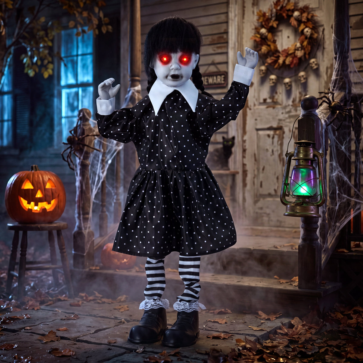 Joyfy 67"(5.6ft) Standing Grim Reaper with Chain, Large Halloween Decorations Outdoor, Life Size Animatronics Skelton, Sound-Actived Party Decor with Creepy Sound & LED Eyes, Scary Haunted House Prop