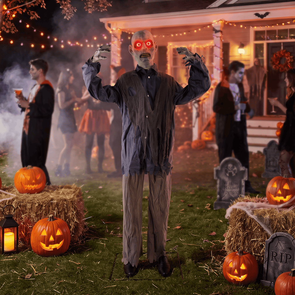 76-Inch Animated Standing Zombie Halloween Decoration with Red Glowing Eyes, Swaying Motion, Spooky Sounds and Metal Stand
