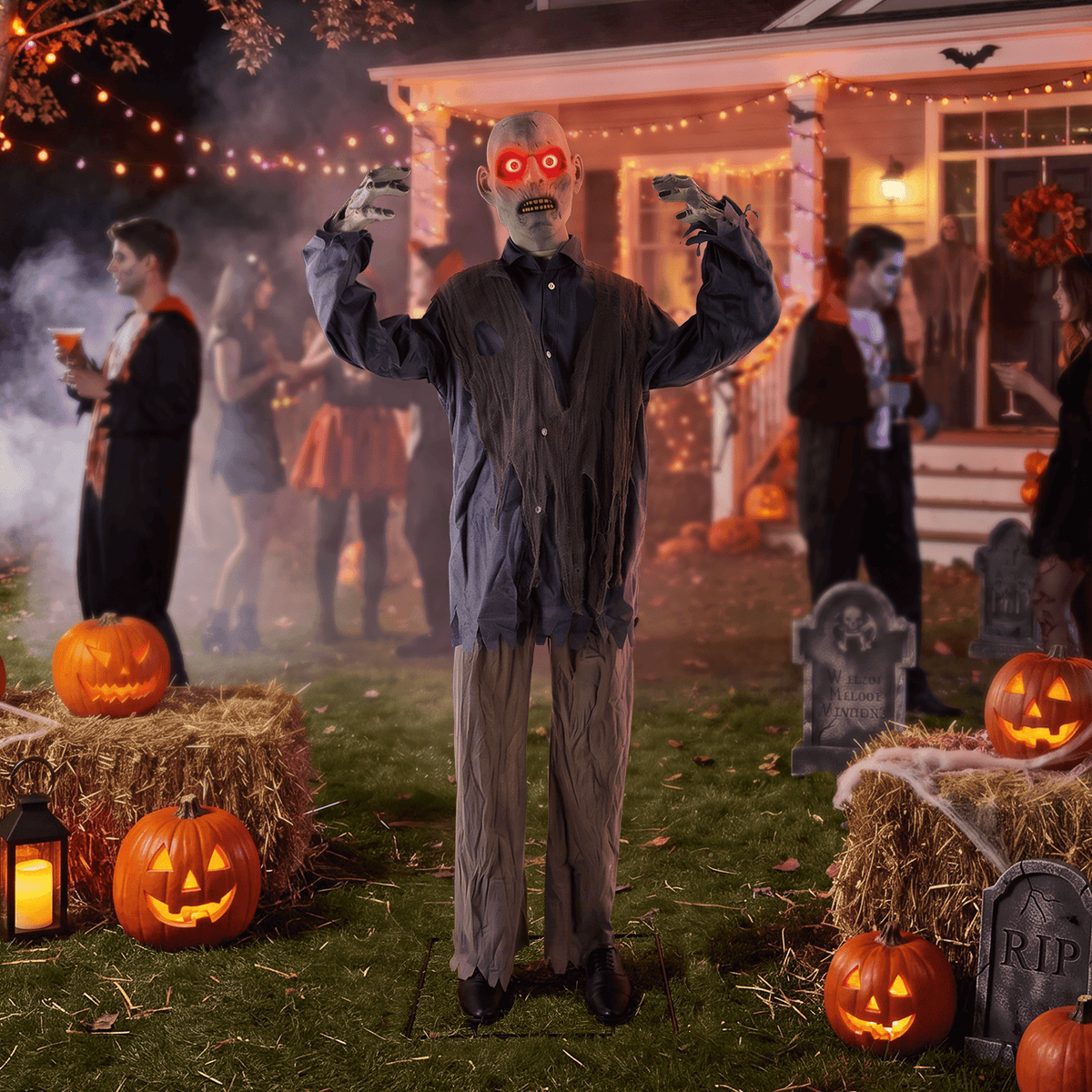 76-Inch Animated Standing Zombie Halloween Decoration with Red Glowing Eyes, Swaying Motion, Spooky Sounds and Metal Stand