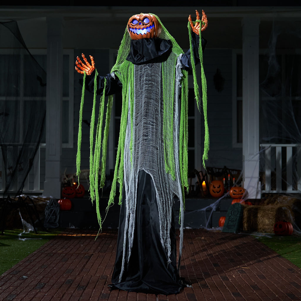 Joyfy 67"(5.6ft) Standing Grim Reaper with Chain, Large Halloween Decorations Outdoor, Life Size Animatronics Skelton, Sound-Actived Party Decor with Creepy Sound & LED Eyes, Scary Haunted House Prop