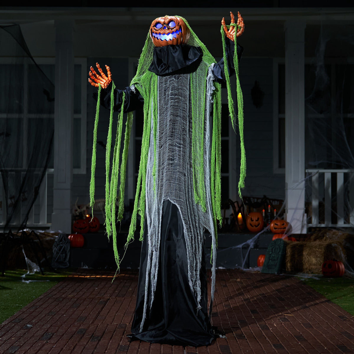 Joyfy 67"(5.6ft) Standing Grim Reaper with Chain, Large Halloween Decorations Outdoor, Life Size Animatronics Skelton, Sound-Actived Party Decor with Creepy Sound & LED Eyes, Scary Haunted House Prop