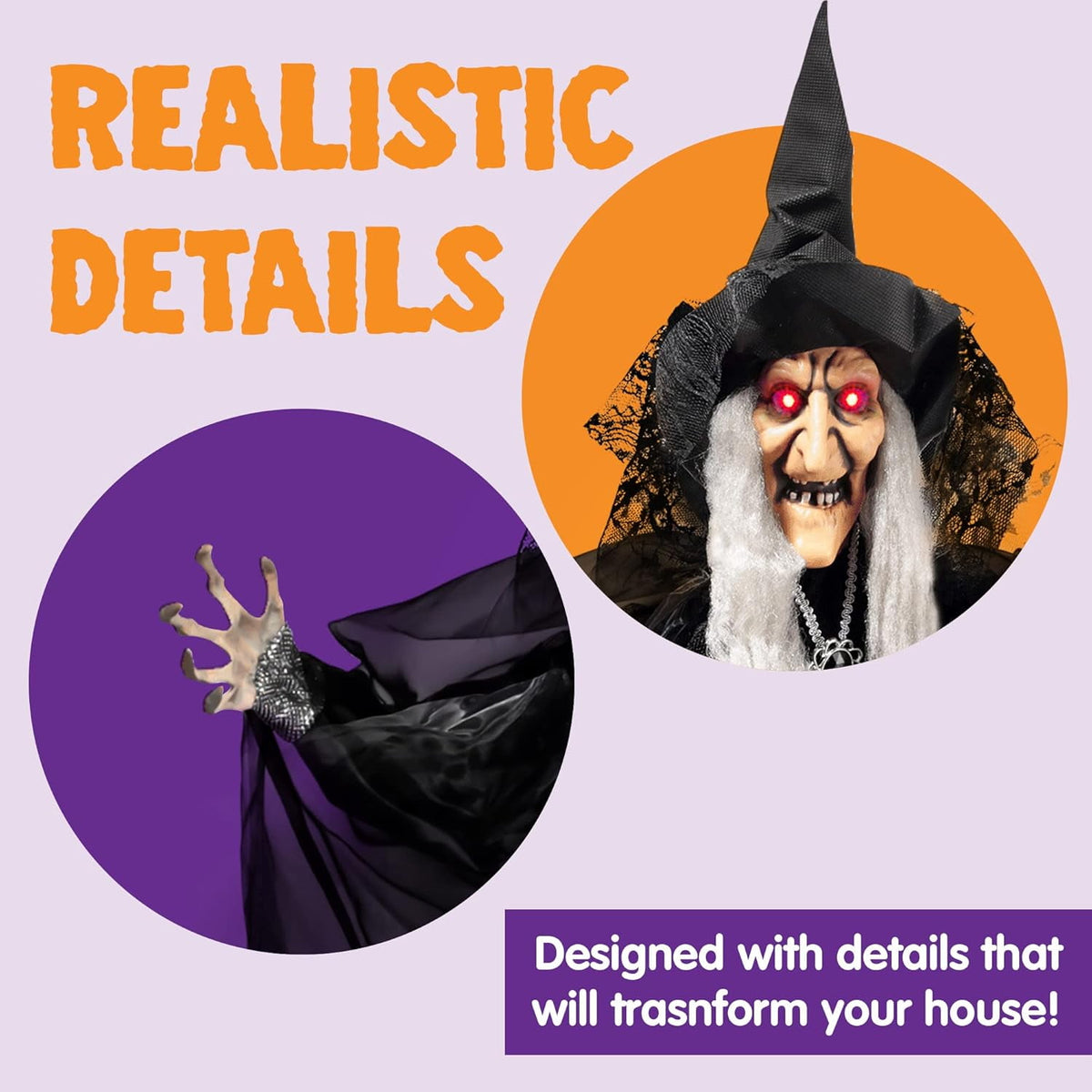 Joyfy 6ft Halloween Witch Decoration,Outdoor Scary Halloween Animatronic Hanging Witch with Light Up Eyes and Sound Decoration for Halloween Outdoor
