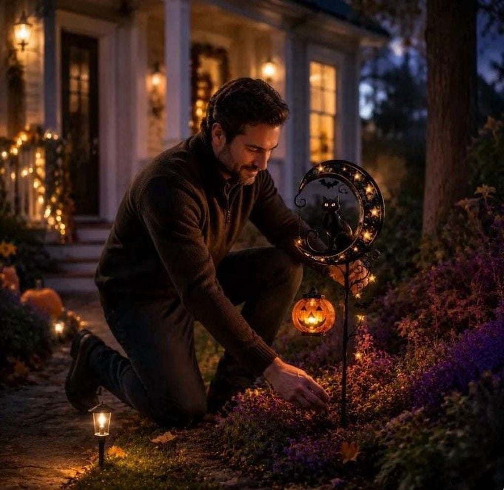 Solar Halloween Metal Moon Black Cat Garden Stake with LED Pumpkin Lantern, Light Up Star Bat Yard Decor Stake, Spooky Outdoor Lawn Pathway Halloween Decoration