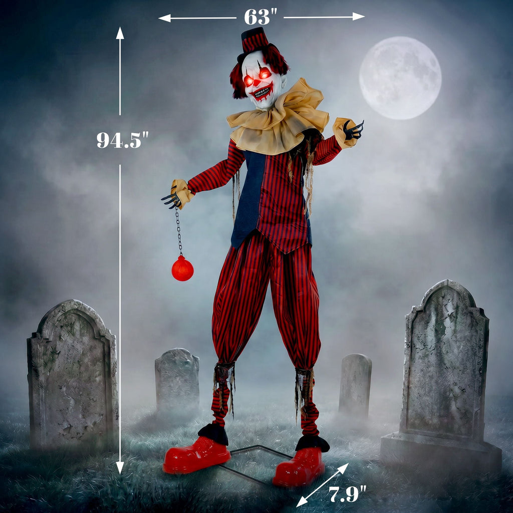 Halloween Decoration Animated Clown, 94.5-Inch Sound and Touch Activated Prop with Red LED Eyes and Moving Arms for Indoor or Covered Outdoor Use