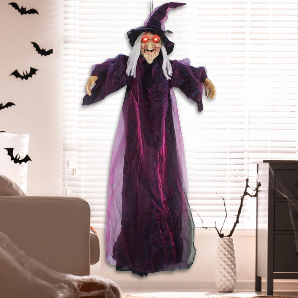 Halloween Animated Talking Witch Decoration Sound Activated, 71 Inch Life Size Hanging Prop with Glowing Red Eyes, Motion Sensor Spooky Indoor Outdoor Haunted House Display